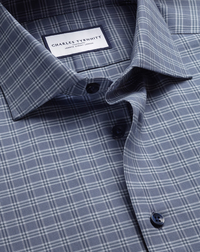 Brushed Cotton Twill Check Shirt - Mid Blue