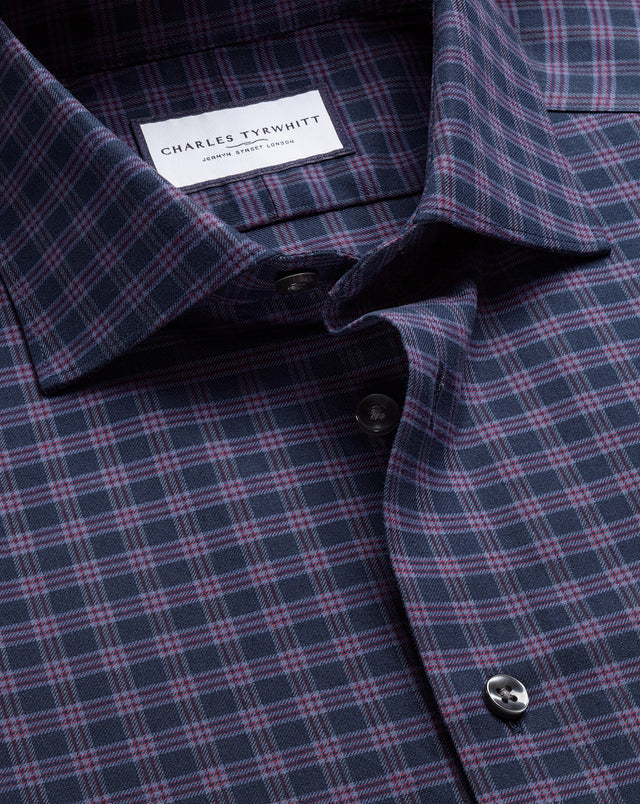 Brushed Cotton Twill Check Shirt - Ink Blue & Red
