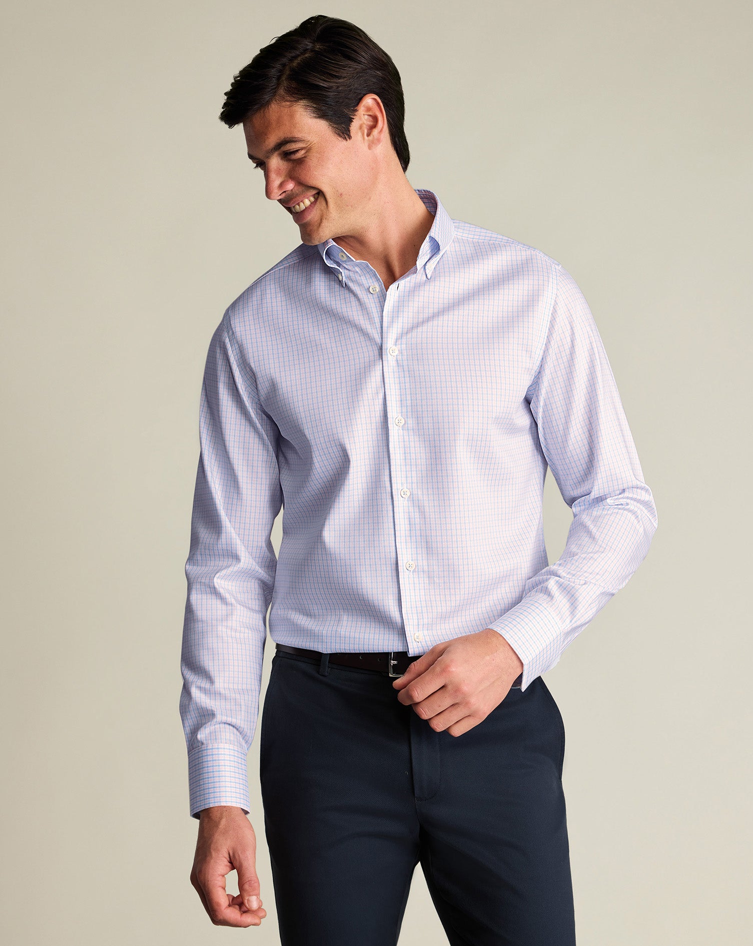 Non-Iron Stretch Pinpoint Oxford Check Shirt – Blue & Pink