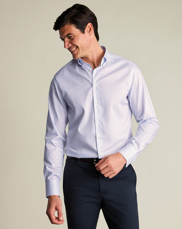 Non-Iron Stretch Pinpoint Oxford Check Shirt – Blue & Pink