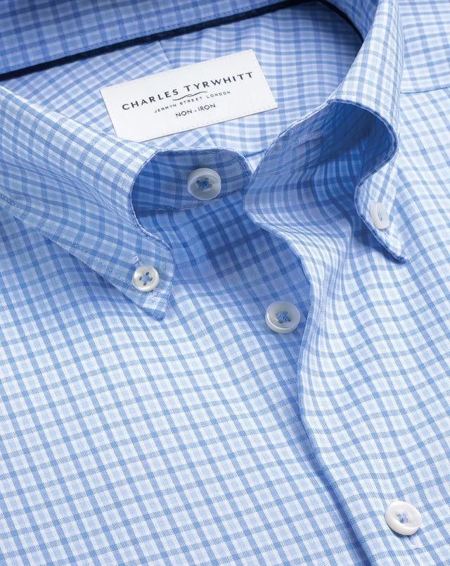 Non-Iron Stretch Pinpoint Oxford Check Shirt – Cornflower Blue