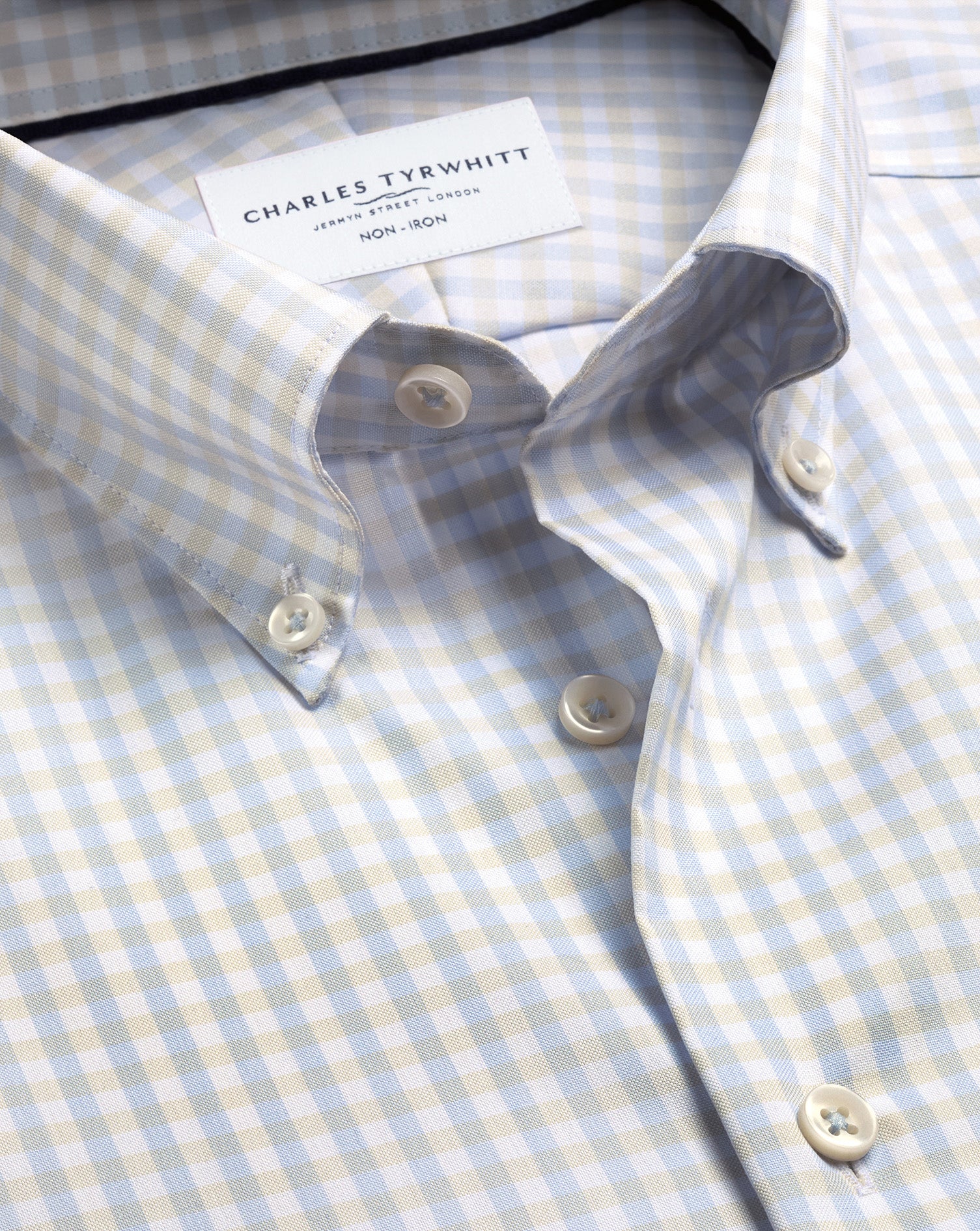 Non-Iron Stretch Pinpoint Oxford Gingham Shirt – Stone & Sky Blue