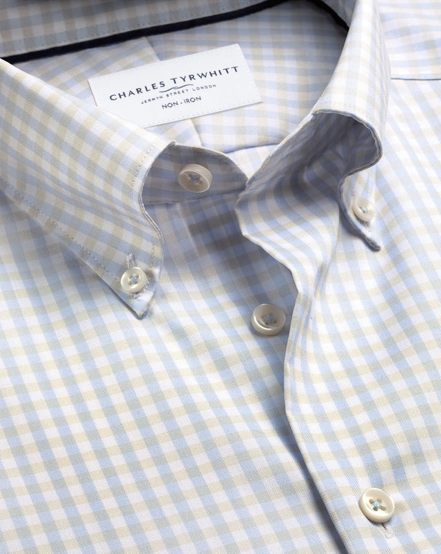 Non-Iron Stretch Pinpoint Oxford Gingham Shirt – Stone & Sky Blue