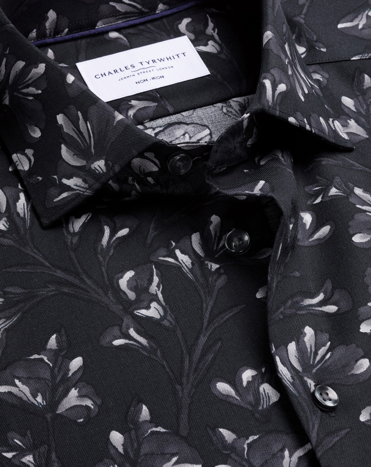 Non-Iron Stretch Floral Print Shirt – Black