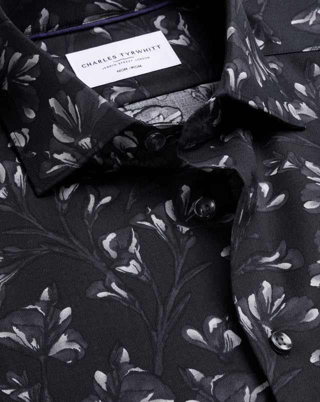 Non-Iron Stretch Floral Print Shirt – Black