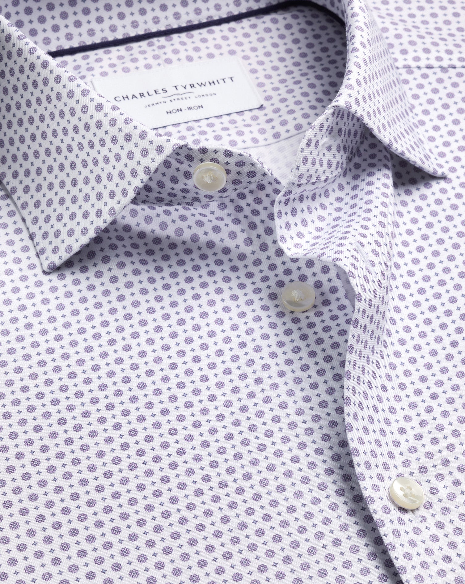 Non-Iron Stretch Print Shirt – White & Lilac