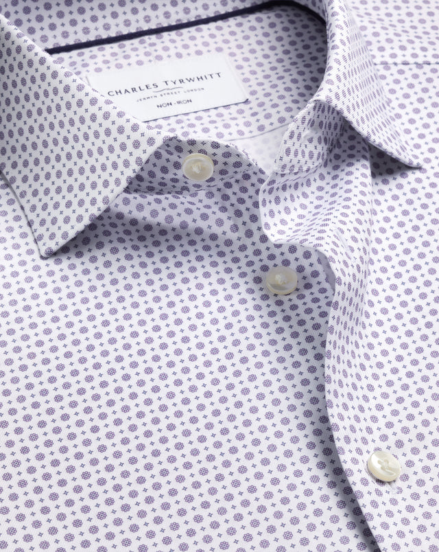 Non-Iron Stretch Print Shirt – White & Lilac