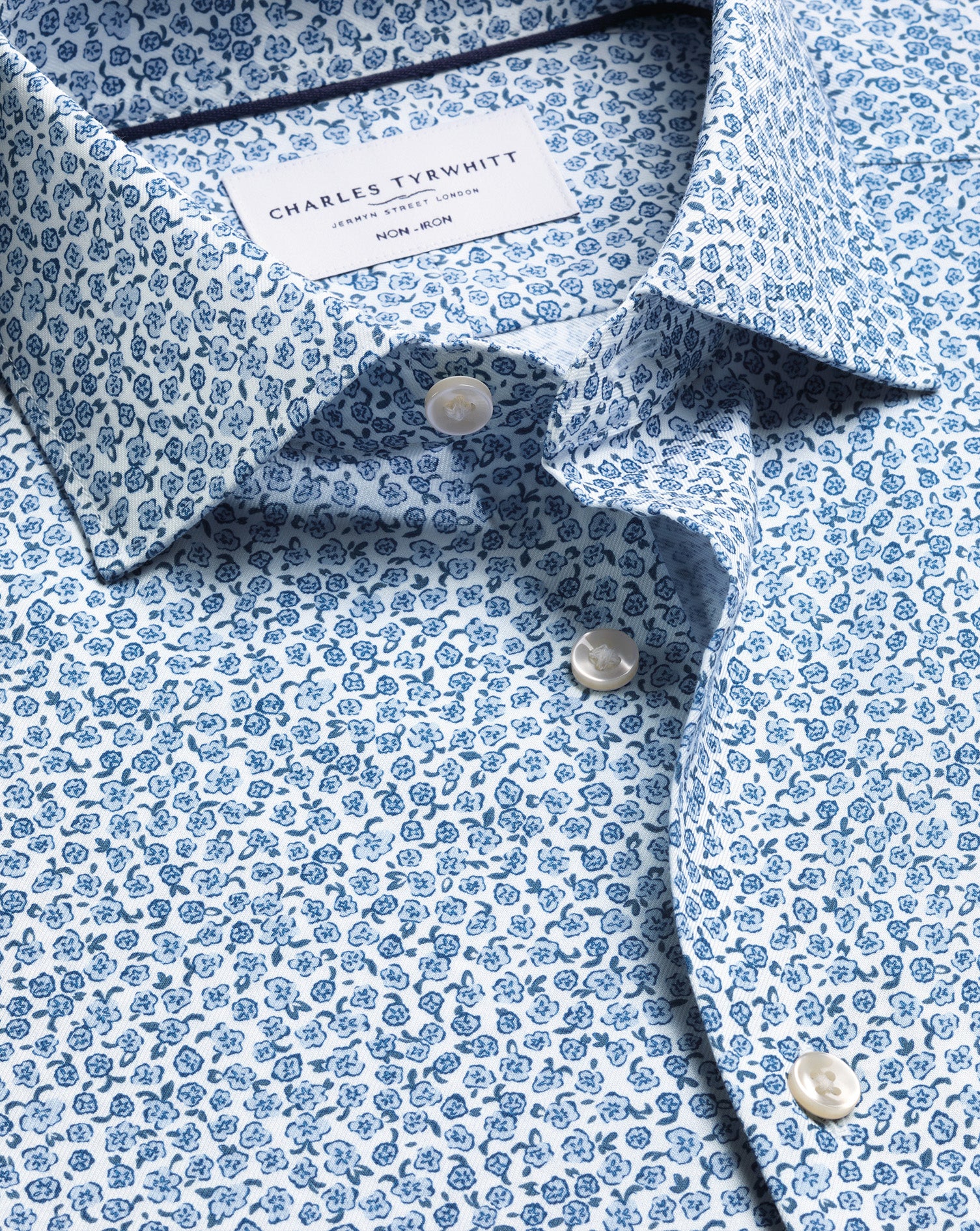 Non-Iron Stretch Floral Print Shirt – White & Sky Blue