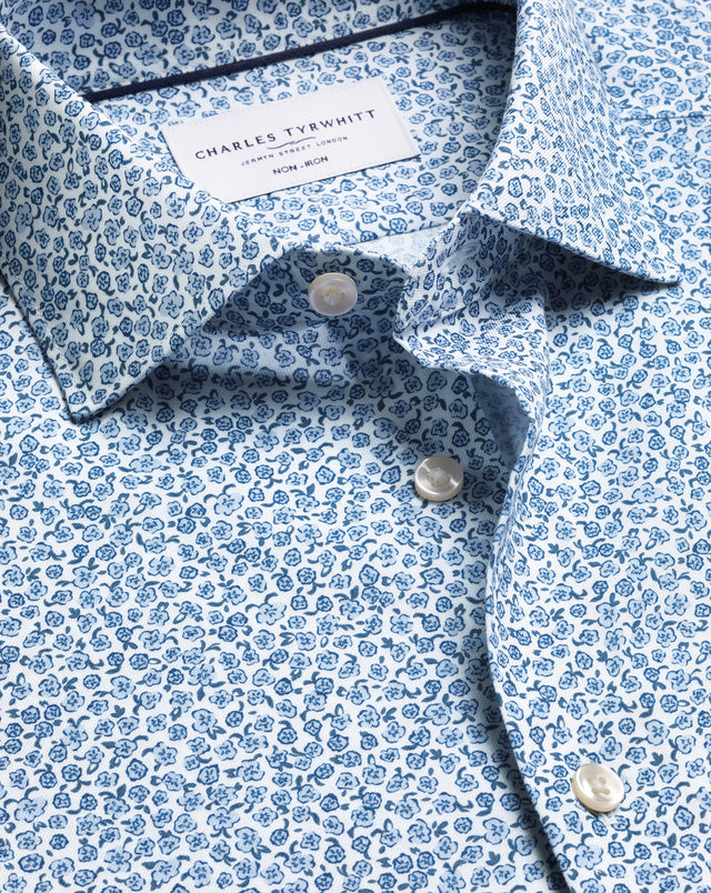 Non-Iron Stretch Floral Print Shirt – White & Sky Blue