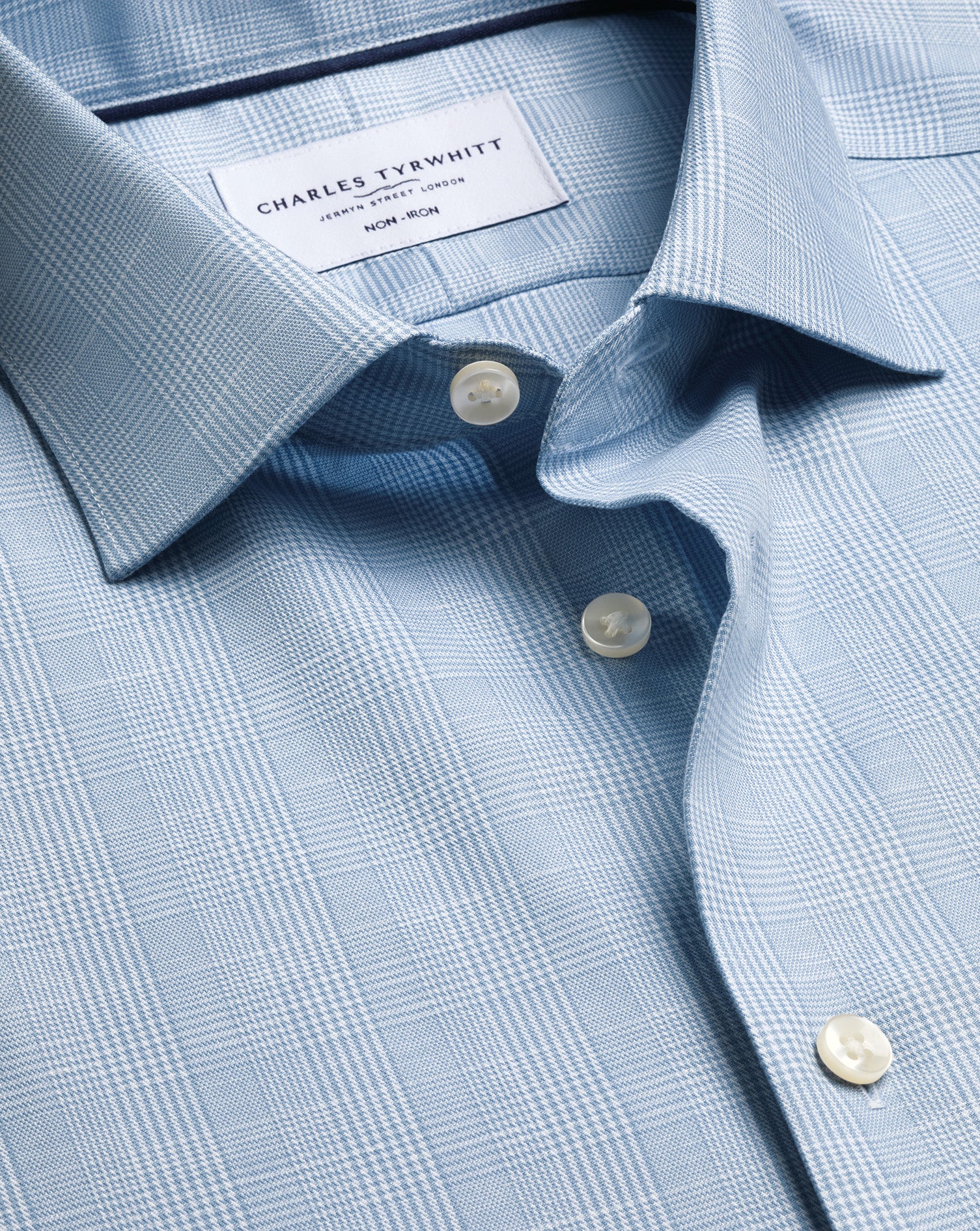 Non-Iron Cotton Linen Prince of Wales Shirt - Mid Blue