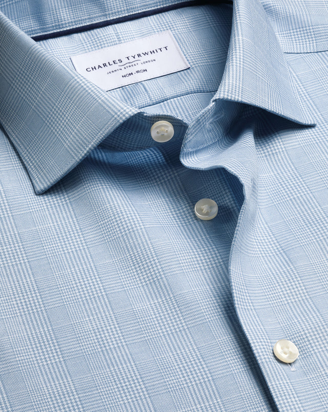 Non-Iron Cotton Linen Prince of Wales Shirt - Mid Blue