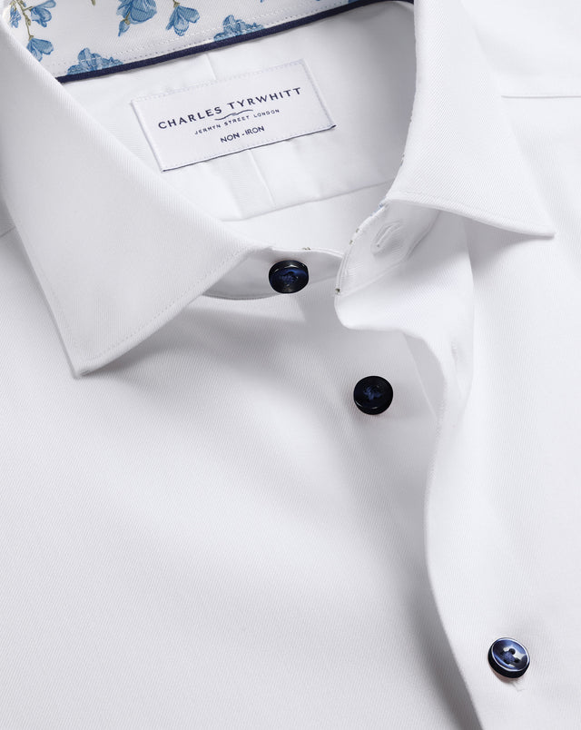 Non-Iron Stretch Floral Printed Trim Shirt – White
