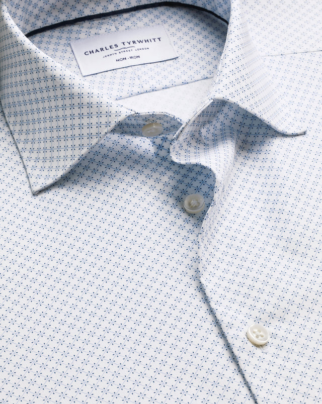 Non-Iron Stretch Print Shirt - White & Light Blue
