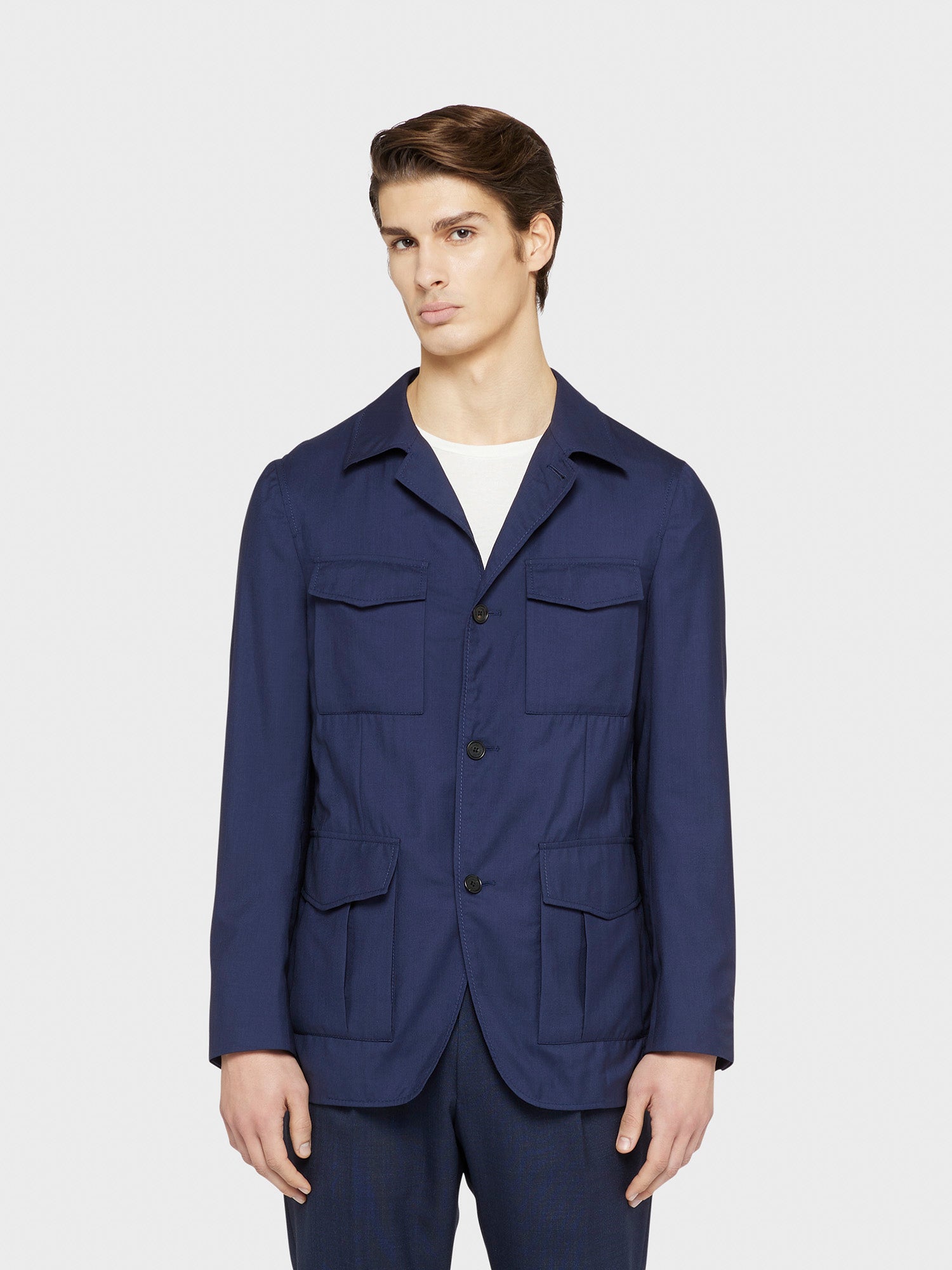 Giacca Sahariana In Lana Seta Blu Nuage