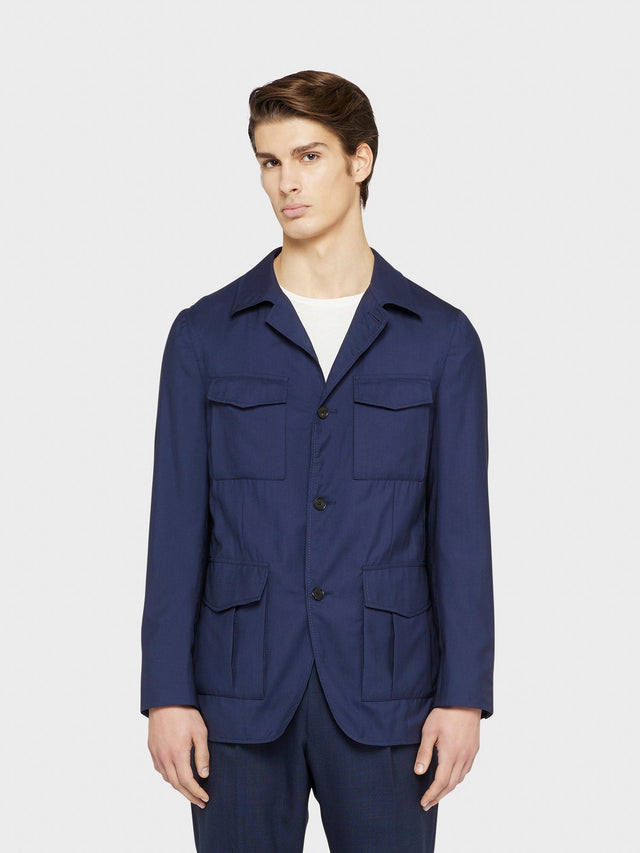 Giacca Sahariana in lana seta blu "Nuage"