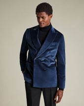Double Breasted Italian Velvet Jacket - Indigo Blue
