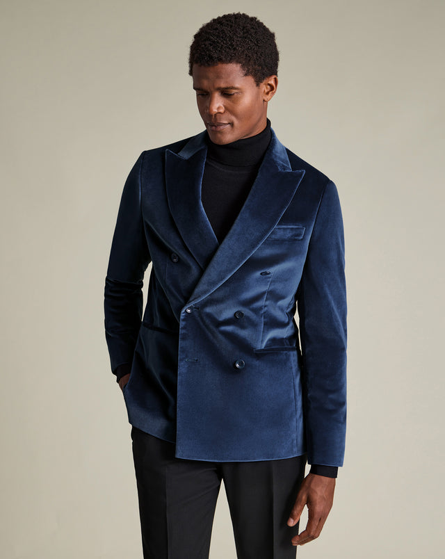 Double Breasted Italian Velvet Jacket - Indigo Blue