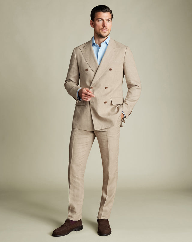 Double Breasted Pure Linen Suit - Taupe
