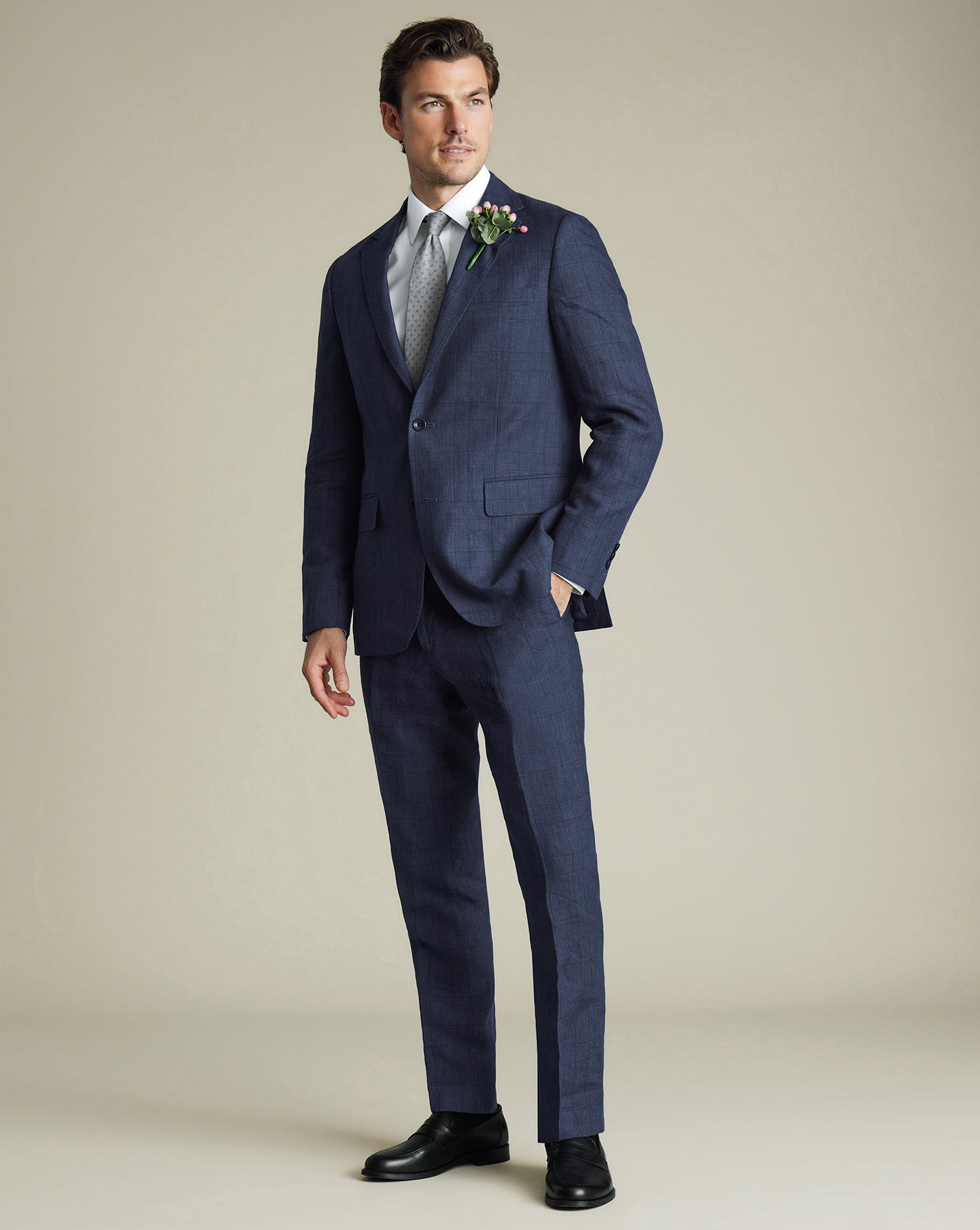 Pure Linen Check Suit Blue