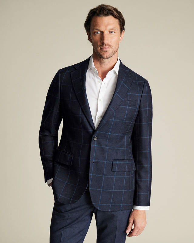 Wool Texture Twill Check Jacket - Navy