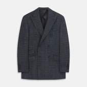 Navy Check Wool and Cashmere Blend Double Breasted Bertie Blazer