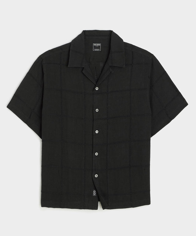 Cropped Embroidered Linen Camp Collar Shirt