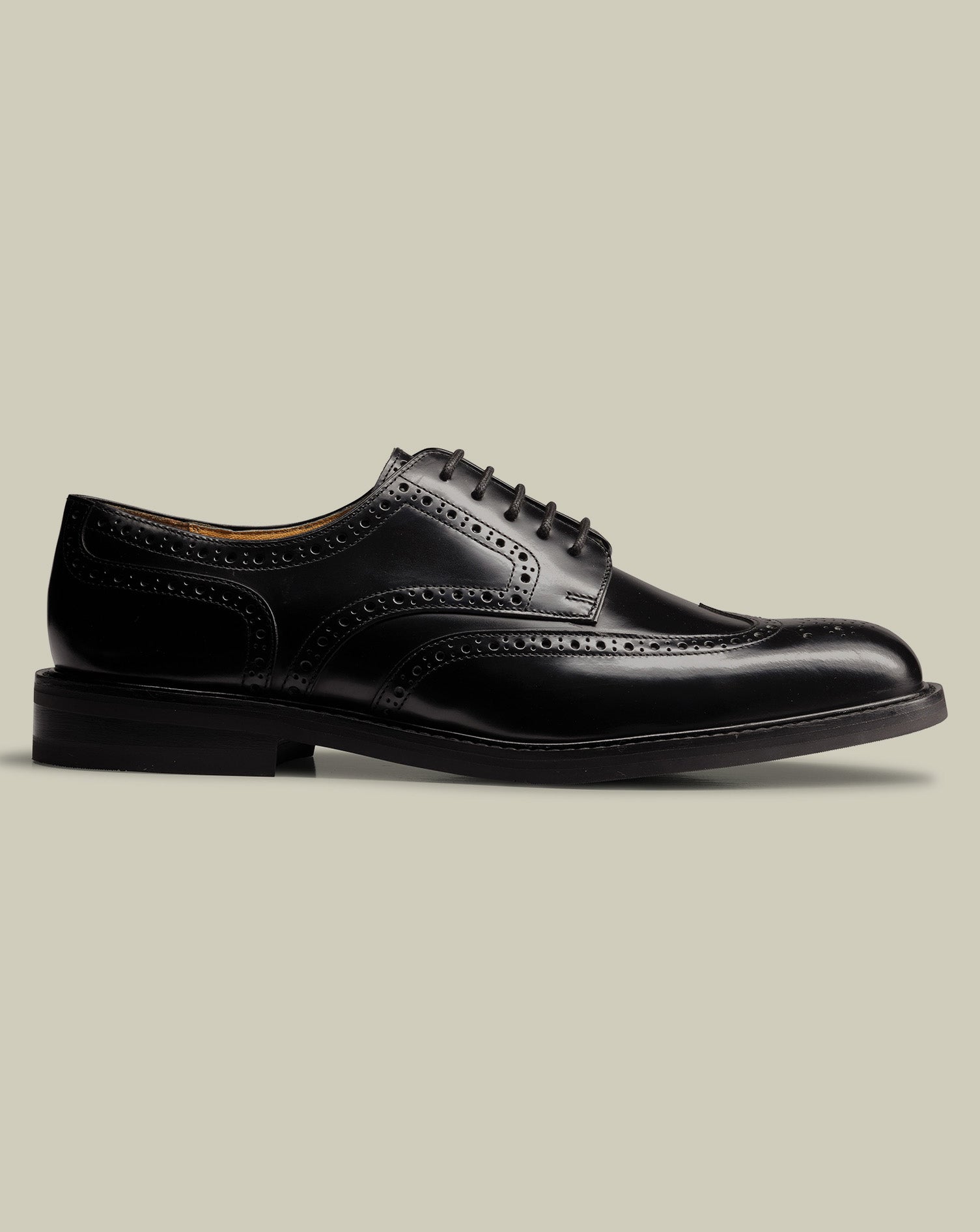 Leather High Shine Rubber Sole Derby Brogue Shoes - Black