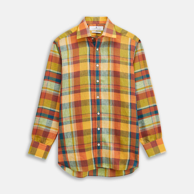 Orange Madras Check Regular Fit Linen Shirt with T&A Collar and 3-Button Cuffs