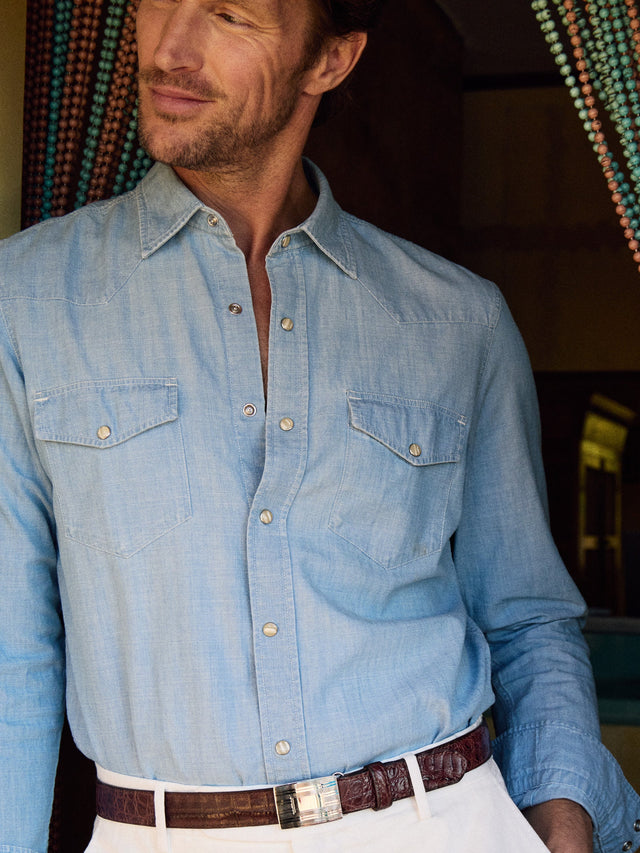 Lt_Denim_Blue Solid Scotto Denim Shirt | Men's Shirts | J.McLaughlin