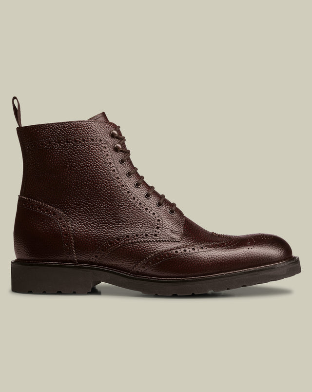 Rubber Sole Leather Brogue Boots - Mahogany Brown