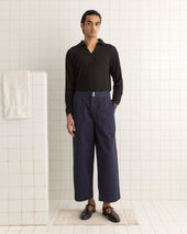 Wide Leg Snap Trousers - Navy