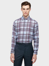 Camicia in seta e cotone con stampa principe di galles azzurra