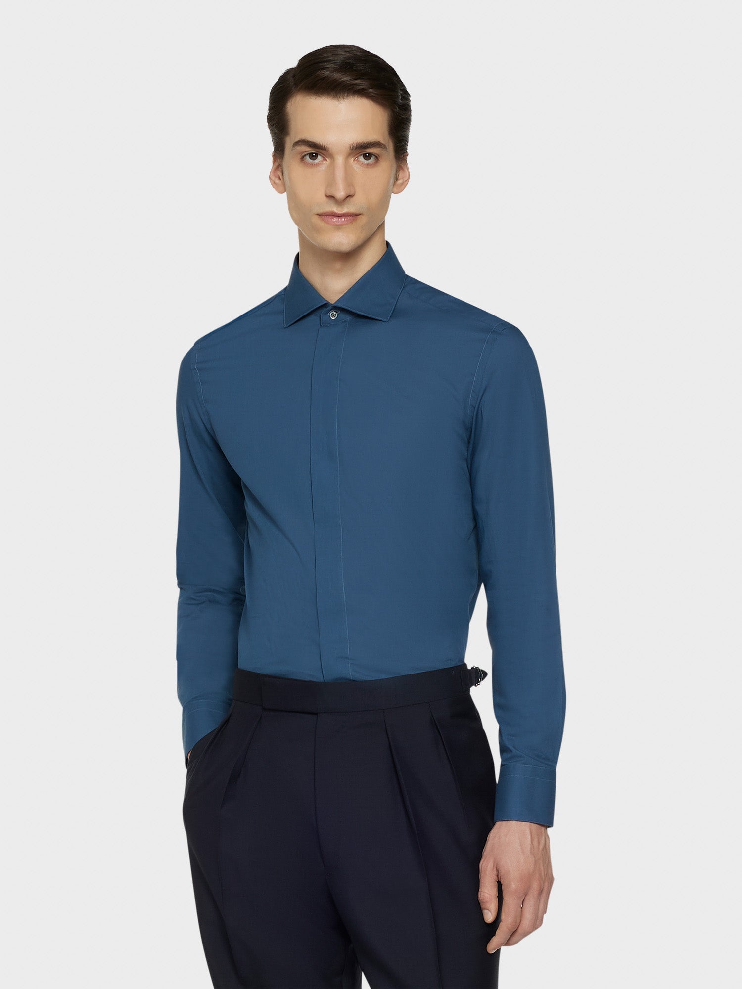 Camicia Slim In Cotone Blu Notte