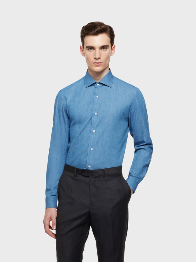Camicia classica slim fit in twill denim indaco