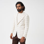 White and Brown Windowpane Unstructured Jacket