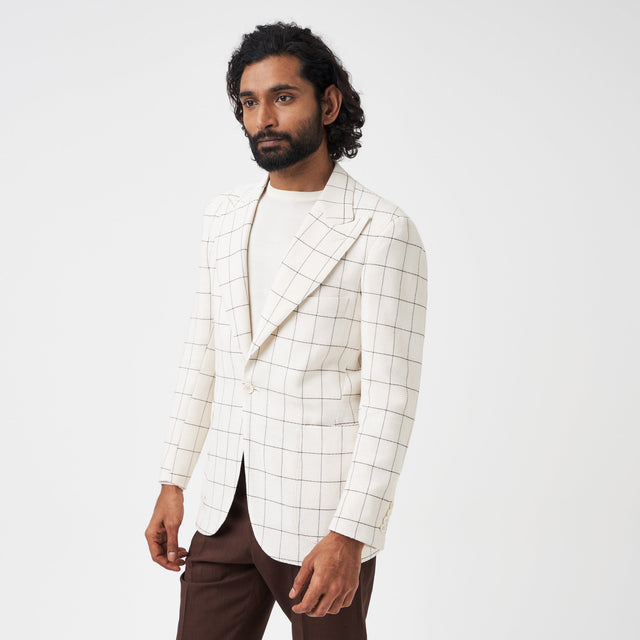 White and Brown Windowpane Unstructured Jacket