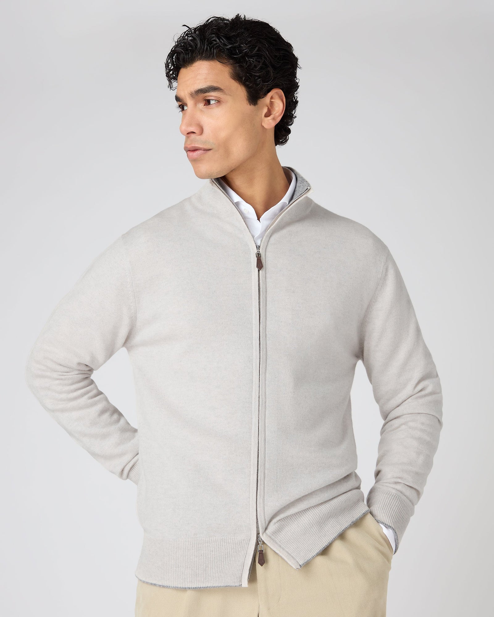 Men's Knightsbridge Full Zip Cashmere Jumper Pebble Grey