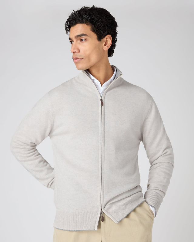 Men's Knightsbridge Full Zip Cashmere Jumper Pebble Grey