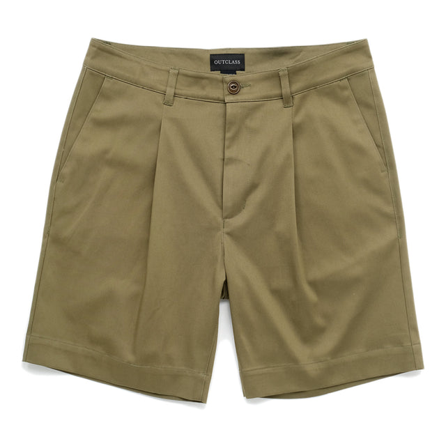 Olive Sateen Pleated Shorts
