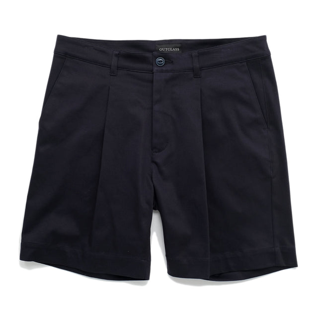 Navy Sateen Pleated Shorts