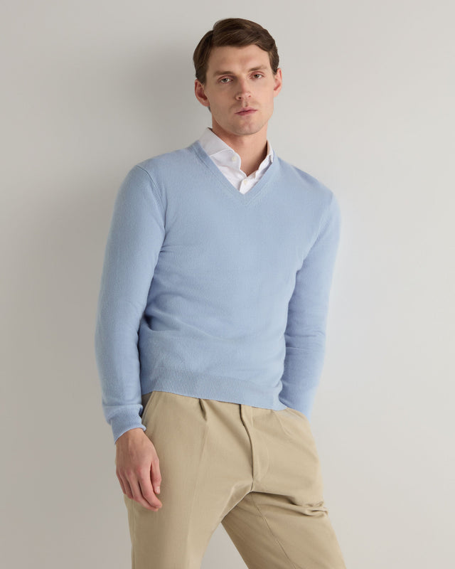 Men's Burlington V Neck Cashmere Jumper Sea Mist Blue