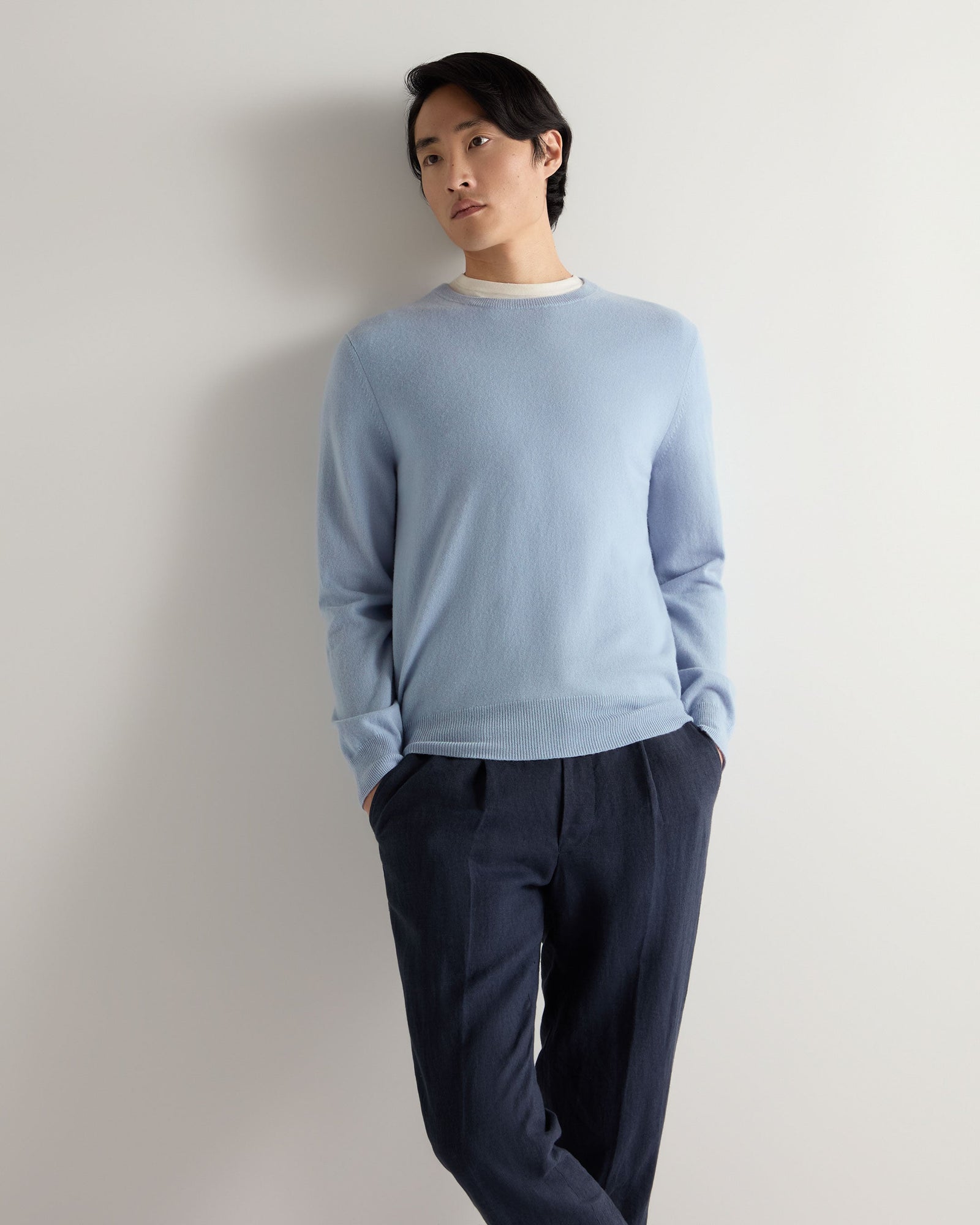 Men's Oxford Round Neck Cashmere Jumper Sea Mist Blue
