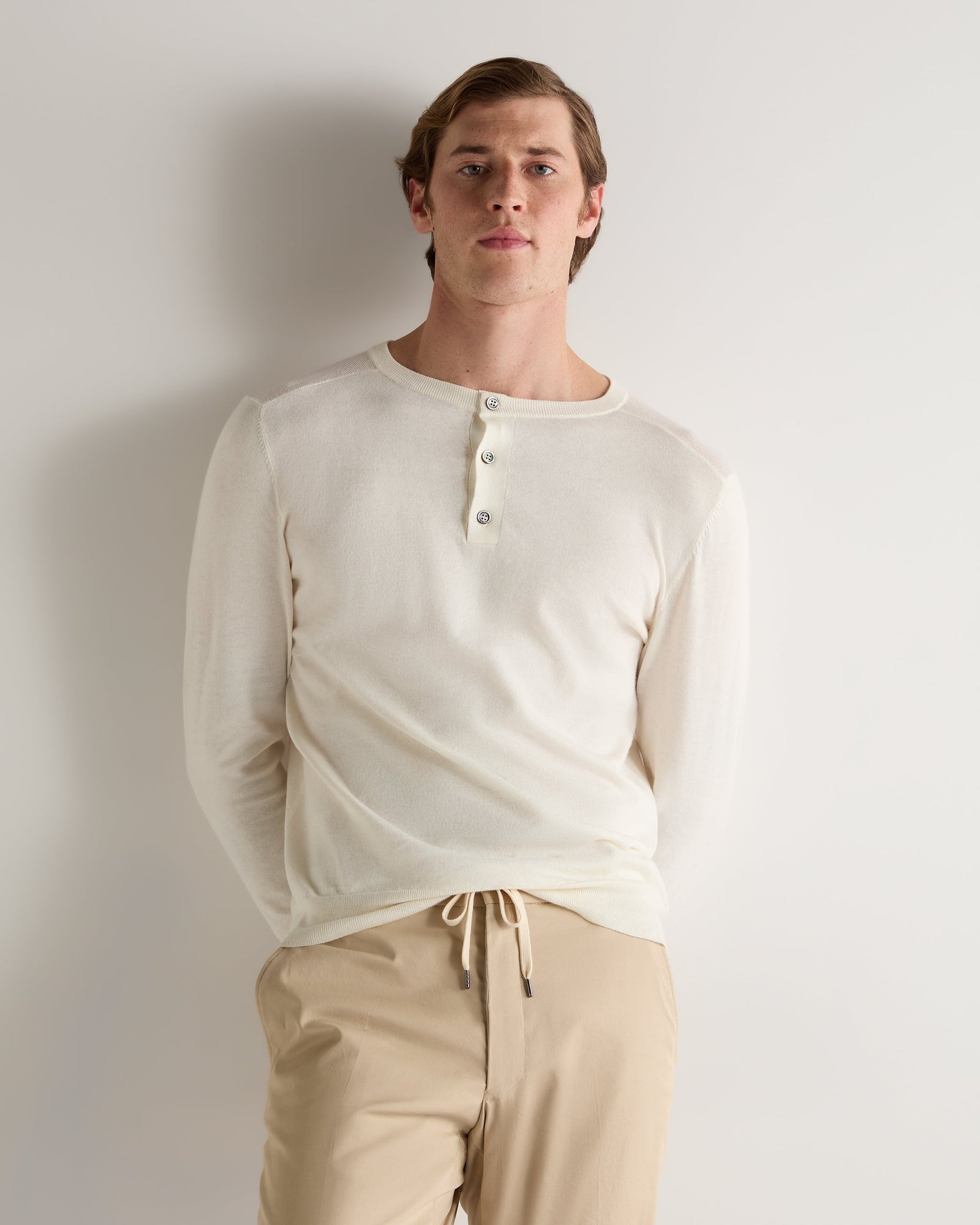 007 Round Neck Cotton Cashmere Henley New White