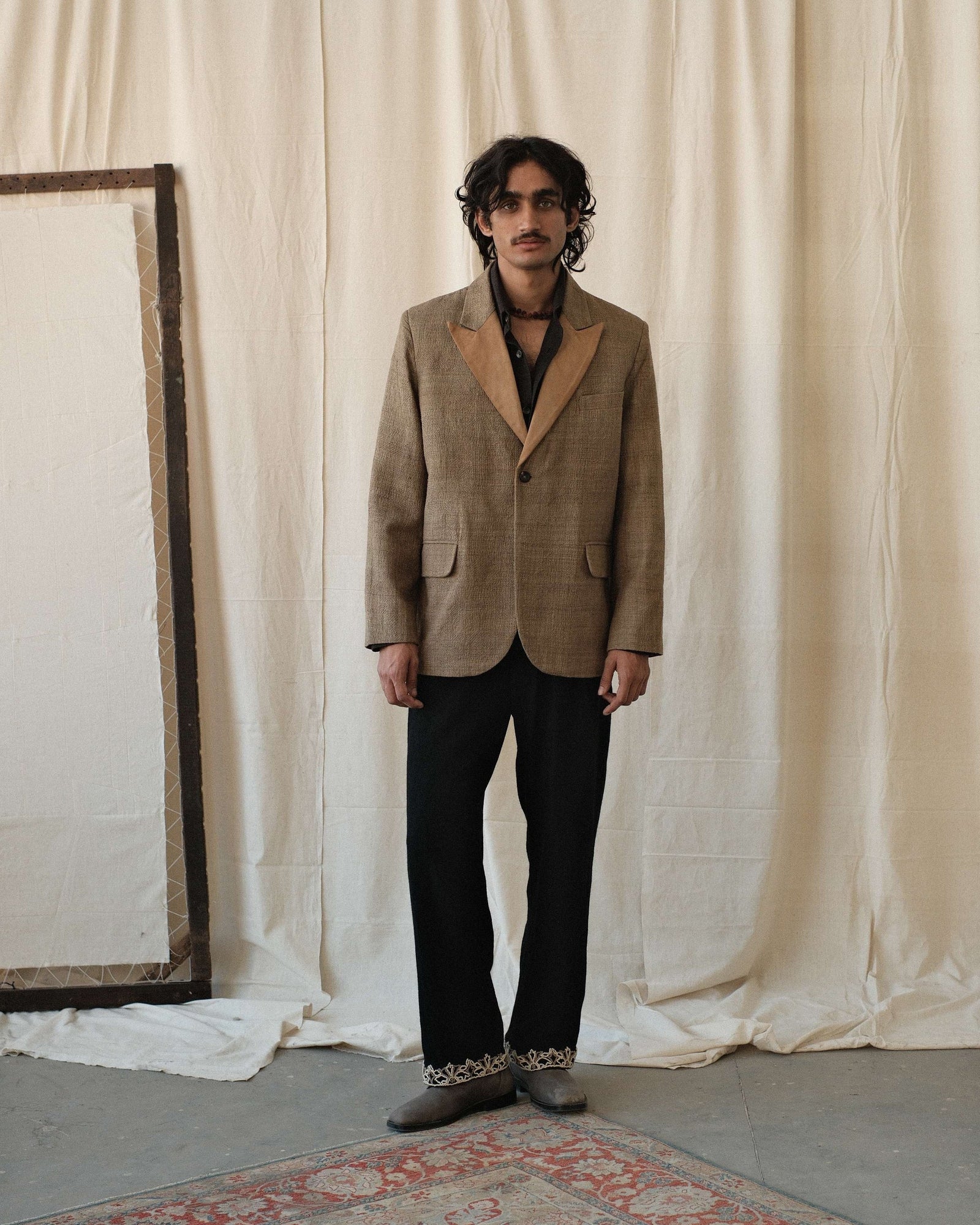 Suede Lapel Silk Blazer