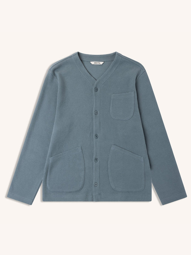 Dunvegan Cardigan in Dusty Blue Brushed Waffle