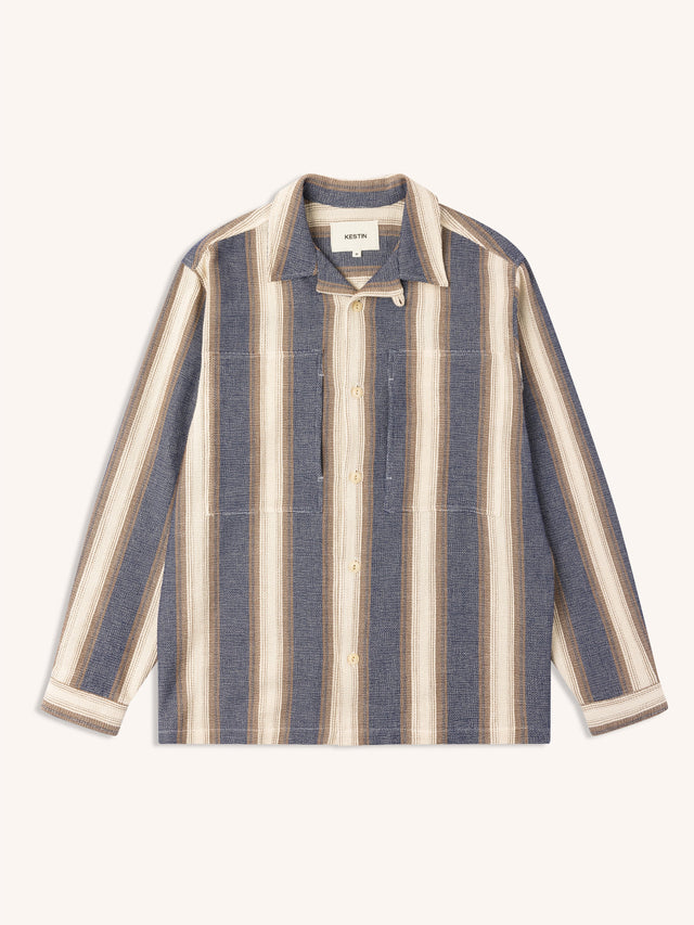 Durno Overshirt in Navy / Brown Stripe Open Weave Cotton
