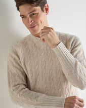 Men's Thames Cable Round Neck Cashmere Jumper Sand Brown