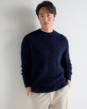 Men's Thames Cable Round Neck Cashmere Jumper Deep French Blue