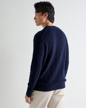 Men's Thames Cable Round Neck Cashmere Jumper Deep French Blue