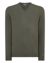 Men's Burlington V Neck Cashmere Jumper Olive Green